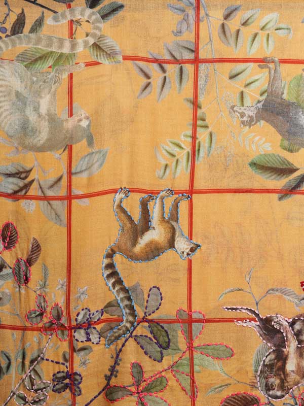 Savanna Animals Hand Embroidery Wool Print Stole - Warm Apricot