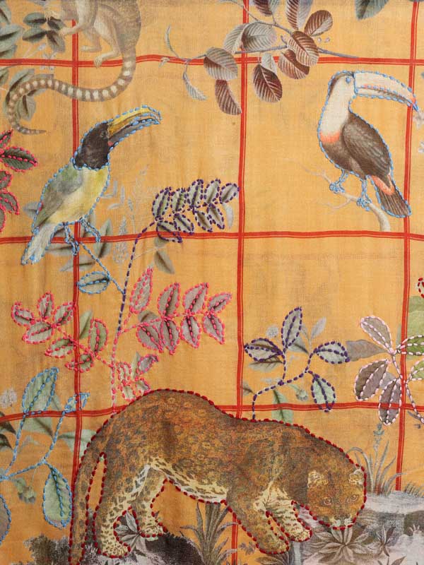 Savanna Animals Hand Embroidery Wool Print Stole - Warm Apricot