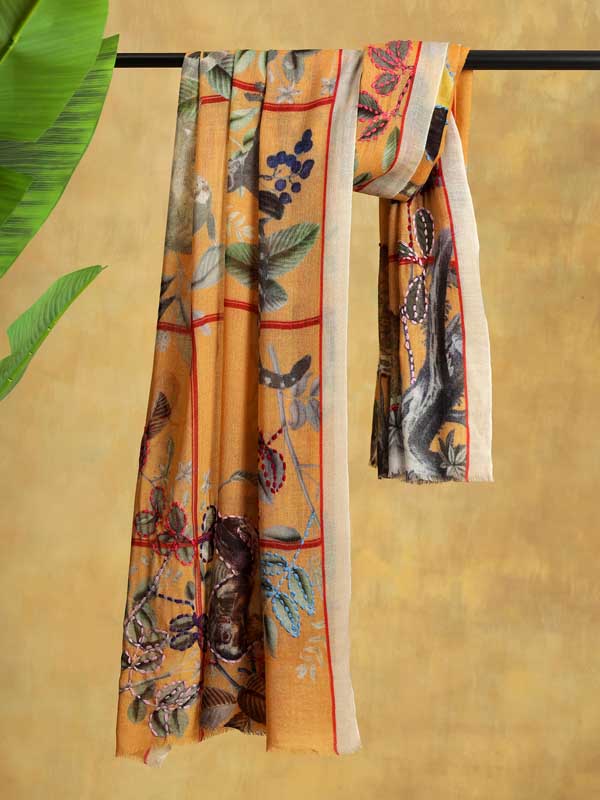 Savanna Animals Hand Embroidery Wool Print Stole - Warm Apricot