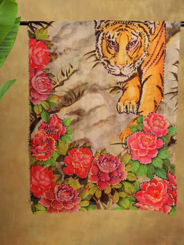 Eye of the Tiger Wool Hand Embroidery Stole - Floral Multi