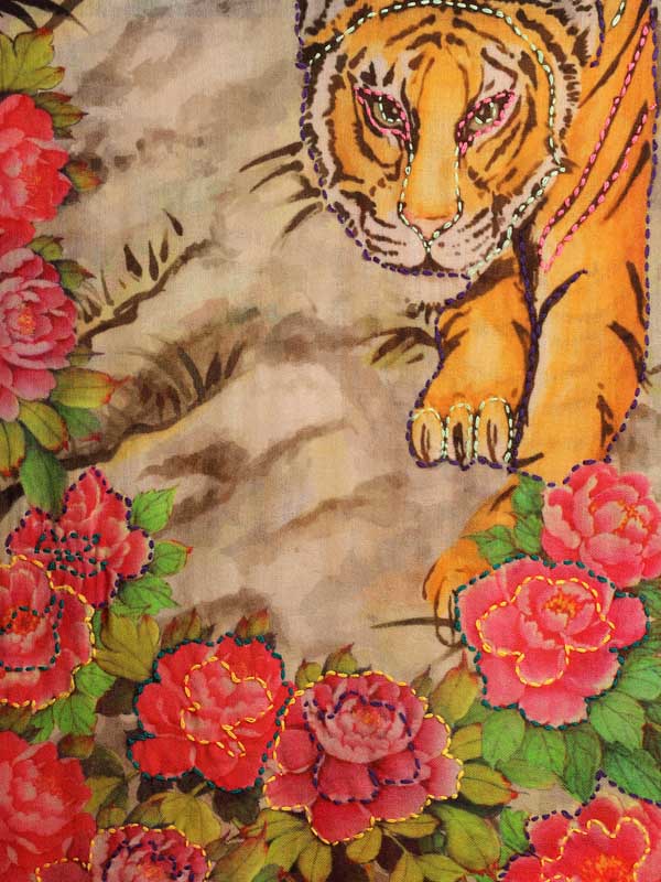 Eye of the Tiger Wool Hand Embroidery Stole - Floral Multi