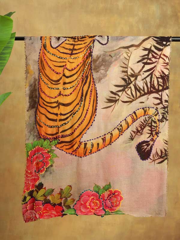 Eye of the Tiger Wool Hand Embroidery Stole - Floral Multi