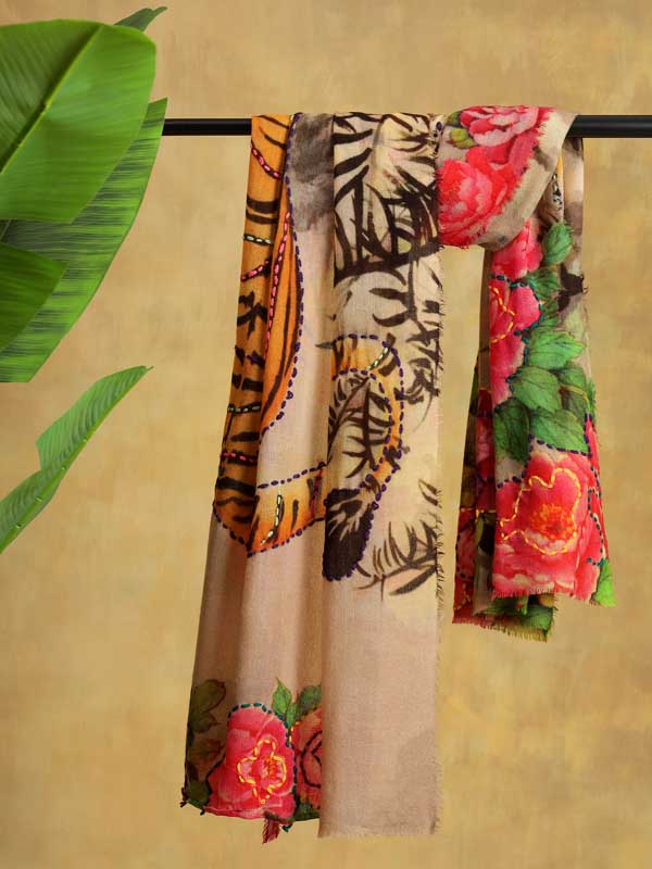 Eye of the Tiger Wool Hand Embroidery Stole - Floral Multi