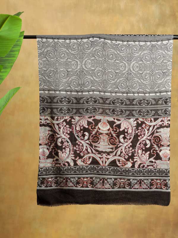 Sepia Rome Hand Embroidery Wool Stole - Midnight Black