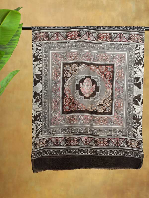 Sepia Rome Hand Embroidery Wool Stole - Midnight Black