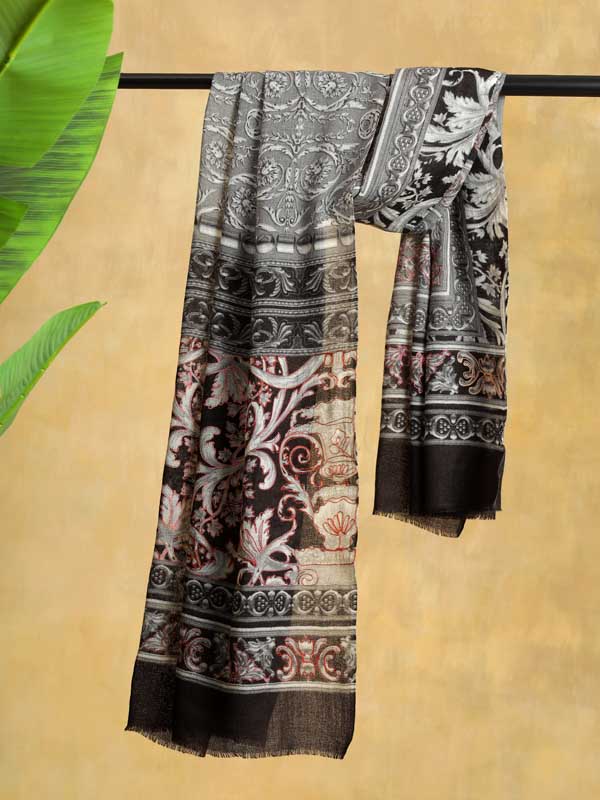 Sepia Rome Hand Embroidery Wool Stole - Midnight Black