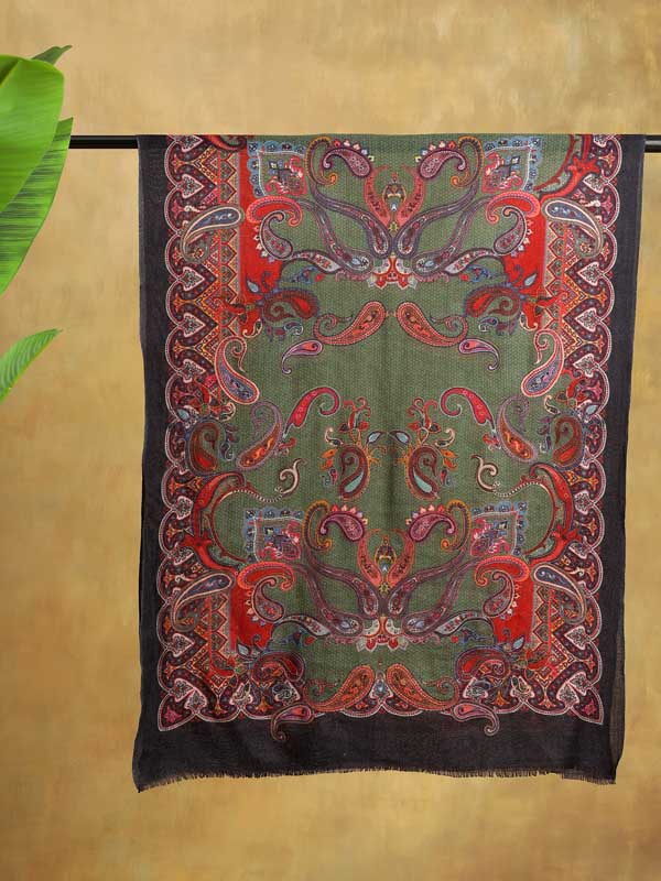 Viri Paisley Hand Embroidery Wool Stole - Jade, Red