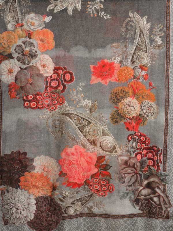 Florescence Hand Embroidery Wool Stole - Ash Grey