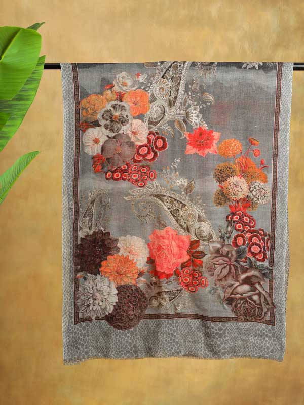 Florescence Hand Embroidery Wool Stole - Ash Grey