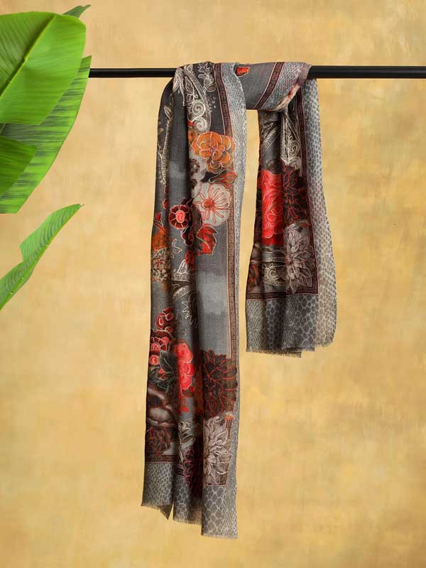 Florescence Hand Embroidery Wool Stole - Ash Grey