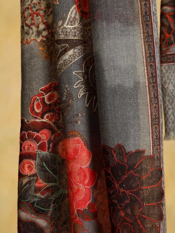Florescence Hand Embroidery Wool Stole - Ash Grey
