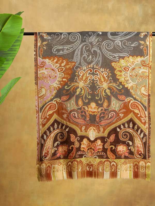 Moana Paisley Wool Hand Embroidery Scarf - Toffee, Grey