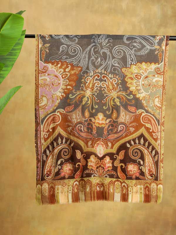 Moana Paisley Wool Hand Embroidery Scarf - Toffee, Grey