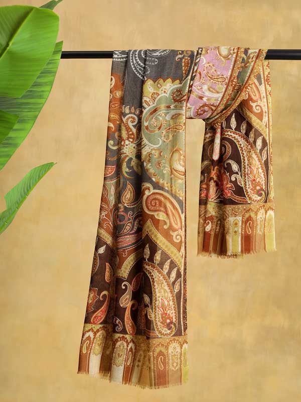 Moana Paisley Wool Hand Embroidery Scarf - Toffee, Grey