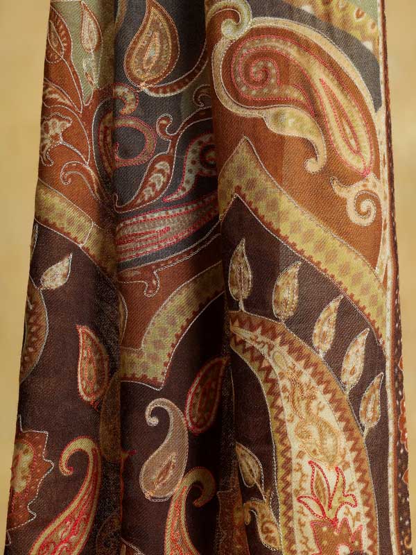 Moana Paisley Wool Hand Embroidery Scarf - Toffee, Grey