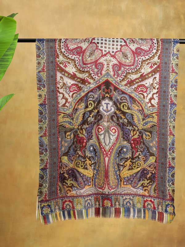 Kalam Paisley Wool Hand Embroidery Stole - Moon Grey