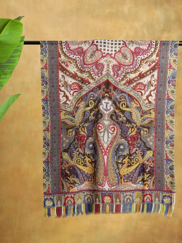 Kalam Paisley Wool Hand Embroidery Stole - Moon Grey