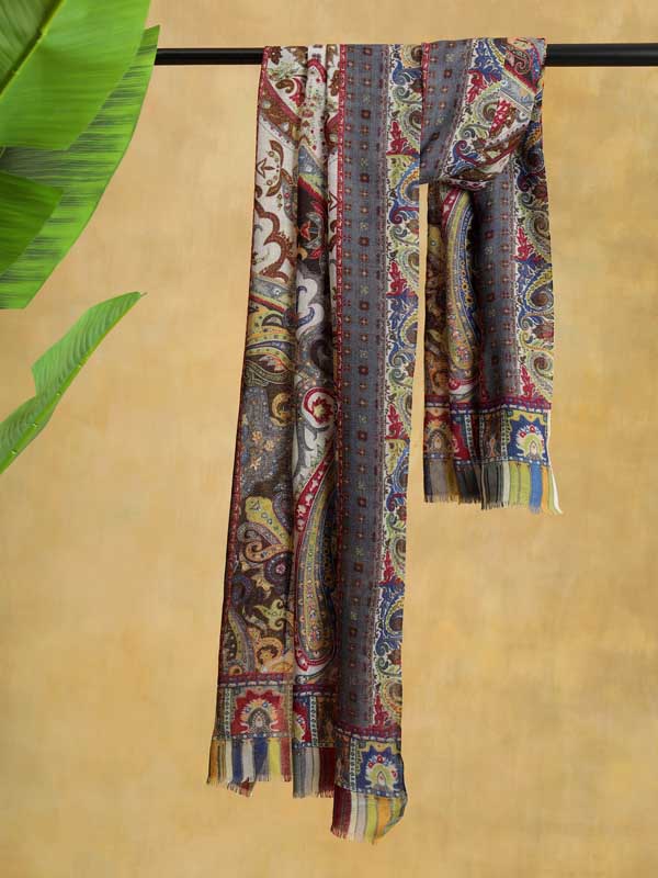 Kalam Paisley Wool Hand Embroidery Stole - Moon Grey