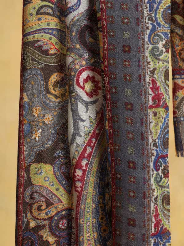 Kalam Paisley Wool Hand Embroidery Stole - Moon Grey