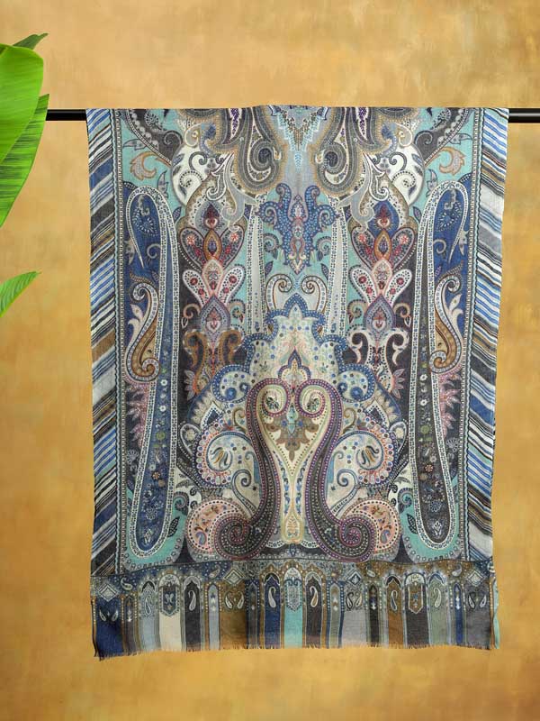 Ambi Jama Wool Hand Embroidery Stole - Cobalt