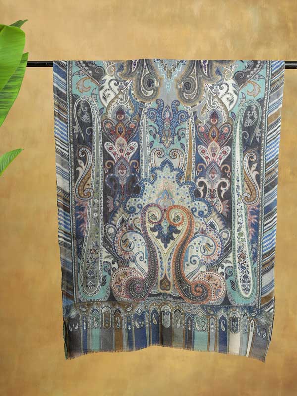 Ambi Jama Wool Hand Embroidery Stole - Cobalt