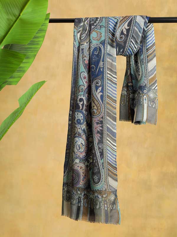 Ambi Jama Wool Hand Embroidery Stole - Cobalt