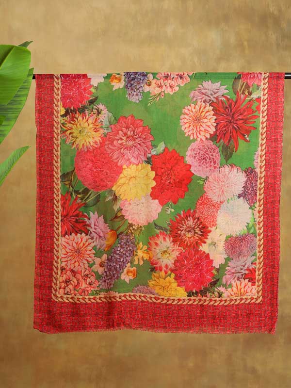 Petal Poetry Twill Wool Scarf - Basil, Red
