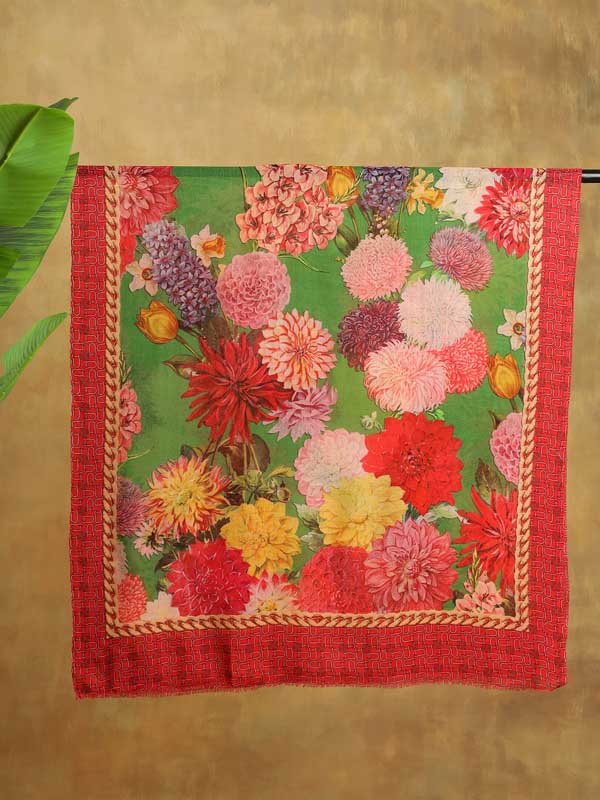 Petal Poetry Twill Wool Scarf - Basil, Red