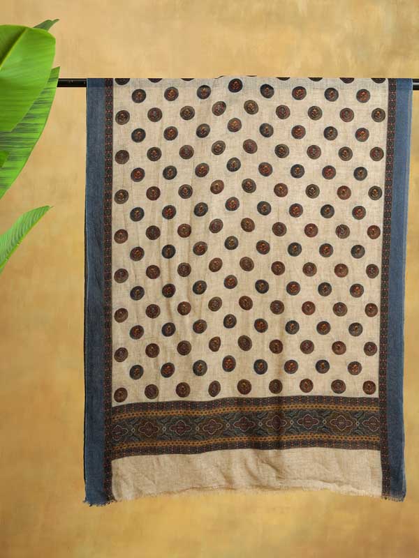 Medallion Merino Wool Twill Mens Scarf - Natural Beige, Yale Blue