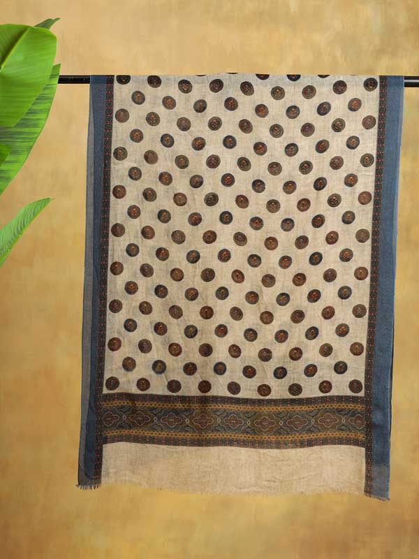 Medallion Merino Wool Twill Mens Scarf - Natural Beige, Yale Blue