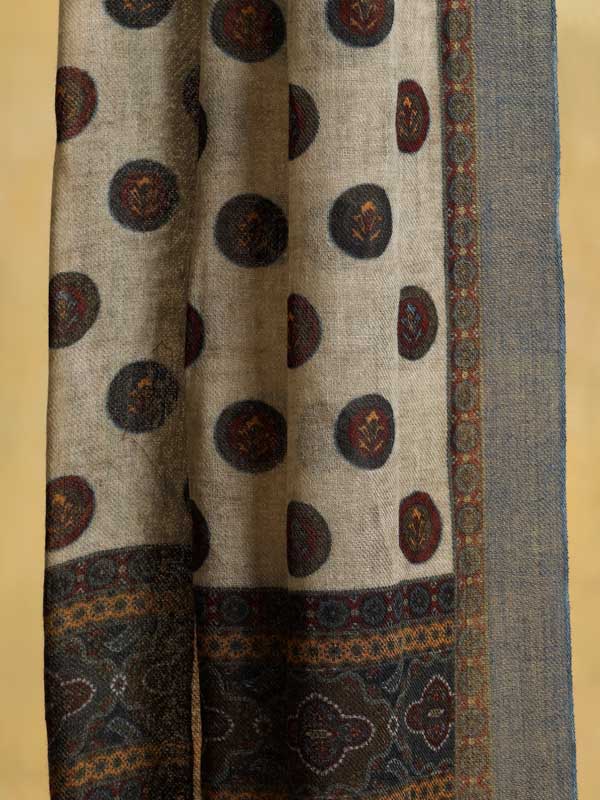 Medallion Merino Wool Twill Mens Scarf - Natural Beige, Yale Blue