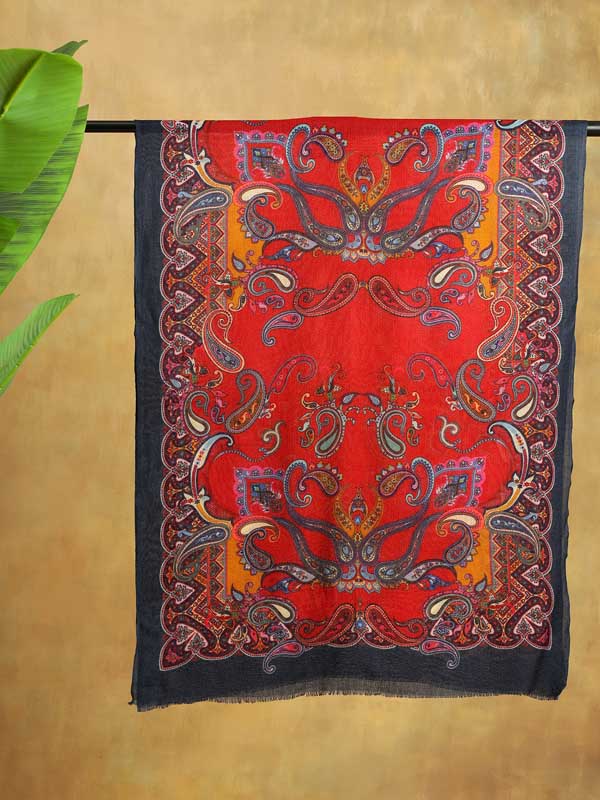 Viri Paisley Merino Wool Stole - Scarlet Red