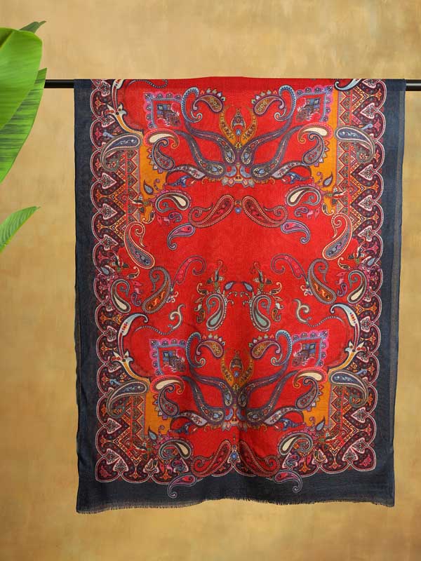 Viri Paisley Merino Wool Stole - Scarlet Red