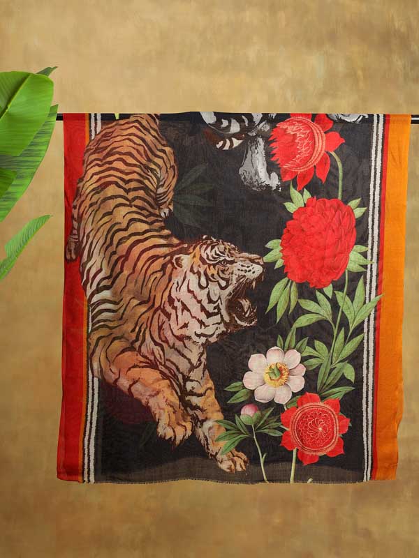 Roaring Tigress Wool Twill Stole - Navy, Multi