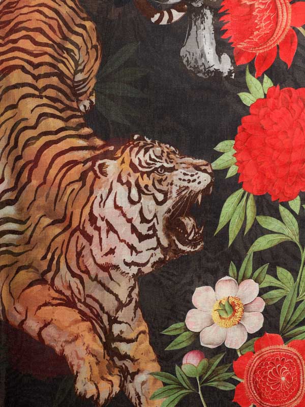 Roaring Tigress Wool Twill Stole - Navy, Multi