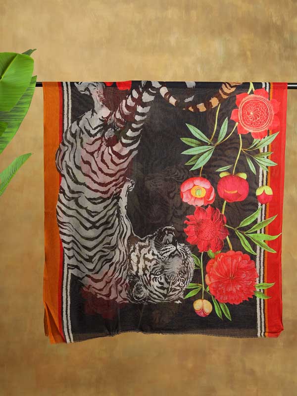 Roaring Tigress Wool Twill Stole - Navy, Multi