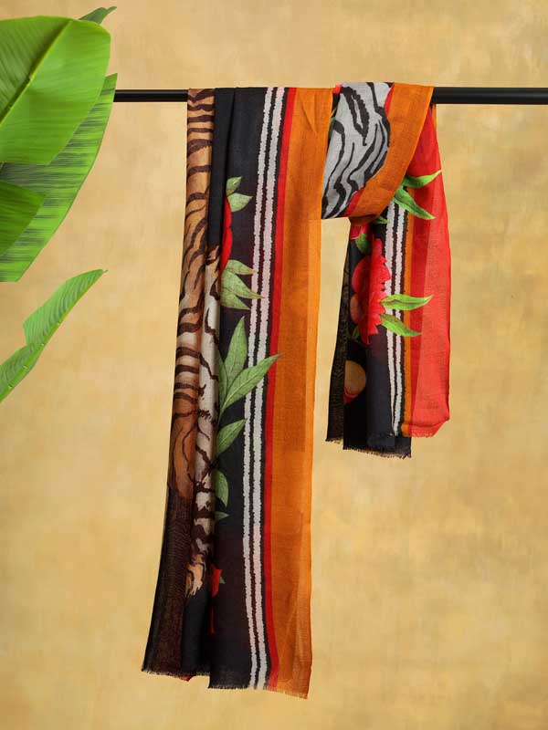 Roaring Tigress Wool Twill Stole - Navy, Multi