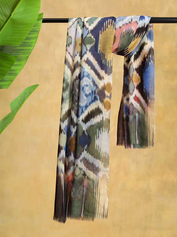 Ikat on Twill Merino Wool Stole - Aqua, Jade