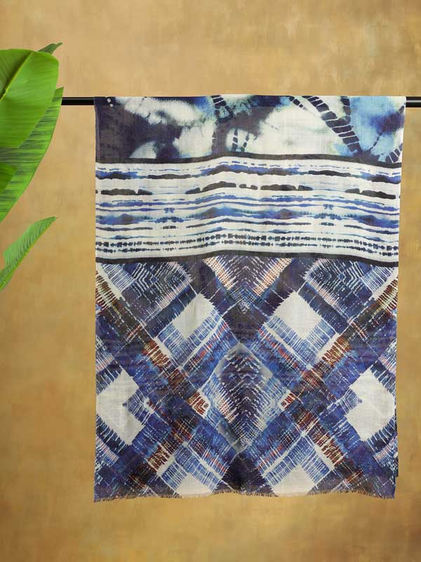 Shibori Dye Merino Wool Twill Scarf - Indigo Blue
