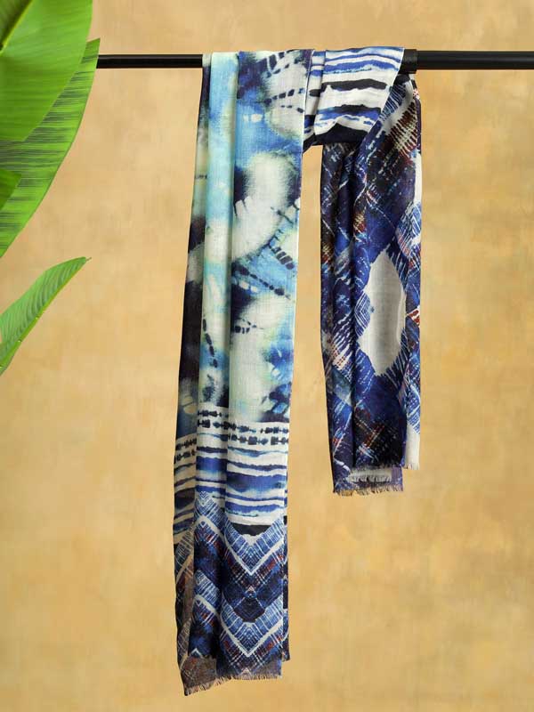 Shibori Dye Merino Wool Twill Scarf - Indigo Blue