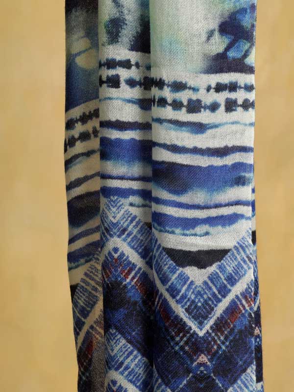 Shibori Dye Merino Wool Twill Scarf - Indigo Blue