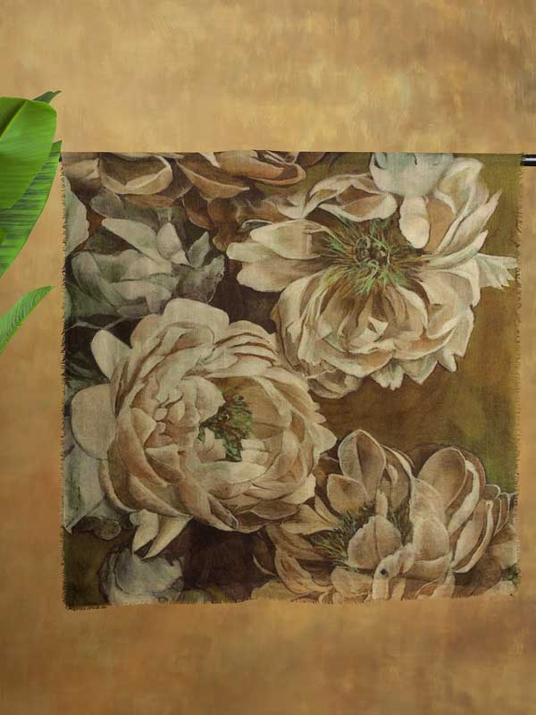 Les Grand Fleurs Wool Stole - Khaki Green, Offwhite