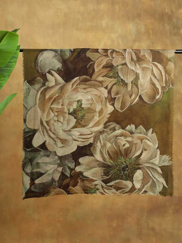 Les Grand Fleurs Wool Stole - Khaki Green, Offwhite