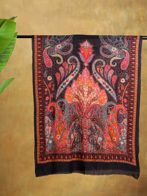 Lalita Paisley Hand Embroidery Wool Stole - Nagercoil Navy