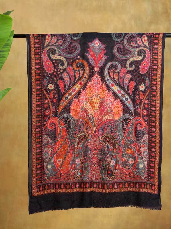 Lalita Paisley Hand Embroidery Wool Stole - Nagercoil Navy
