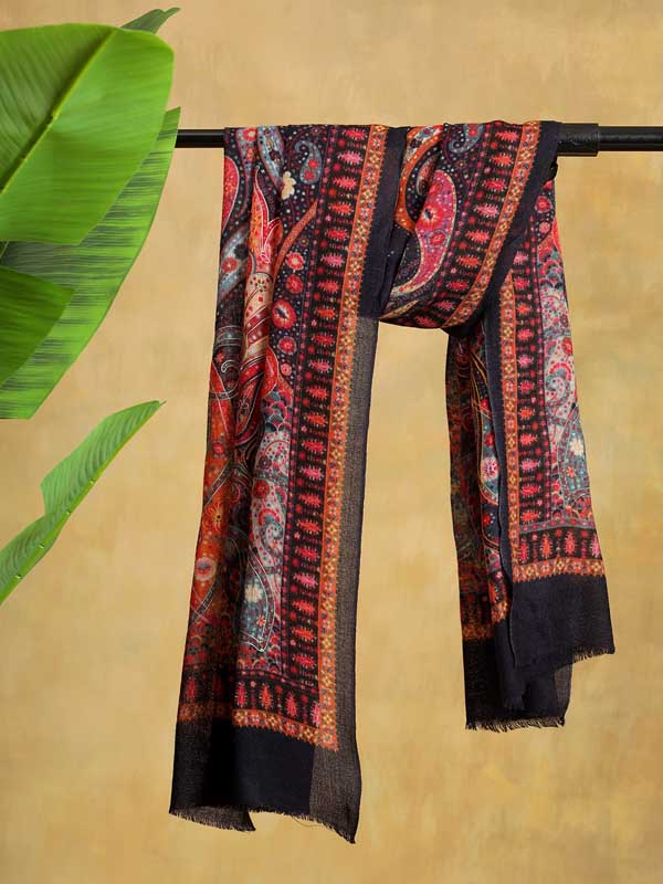 Lalita Paisley Hand Embroidery Wool Stole - Nagercoil Navy