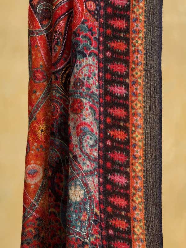 Lalita Paisley Hand Embroidery Wool Stole - Nagercoil Navy