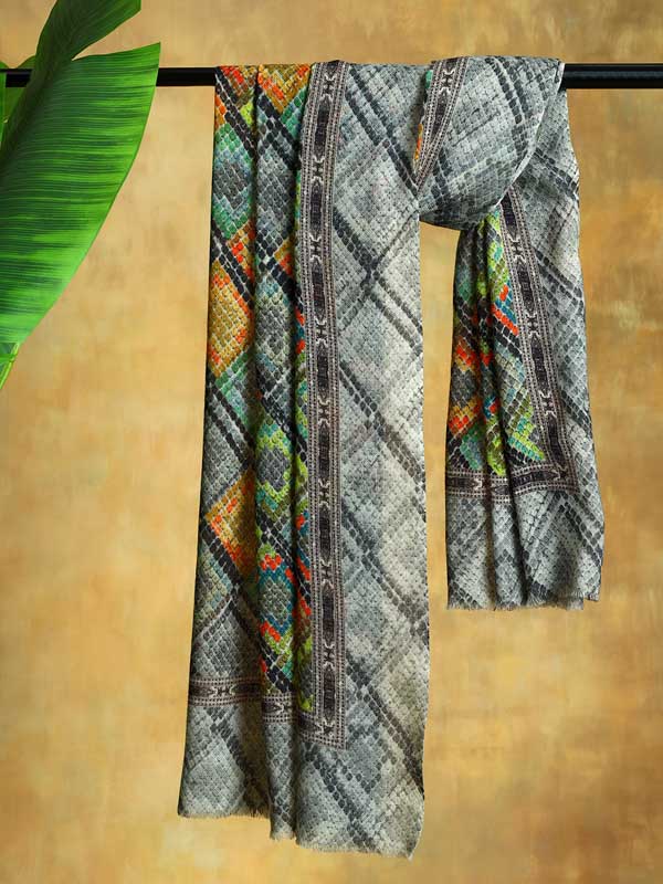 Boho Fusion Wool Scarf - Lime Grey