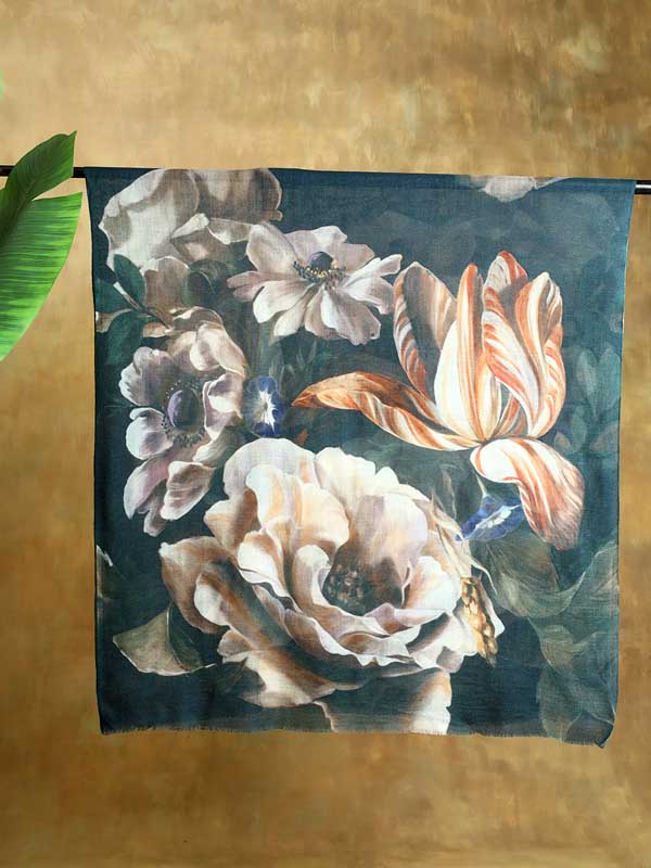 Ethereal Floral Art Wool Stole - Petrol Blue