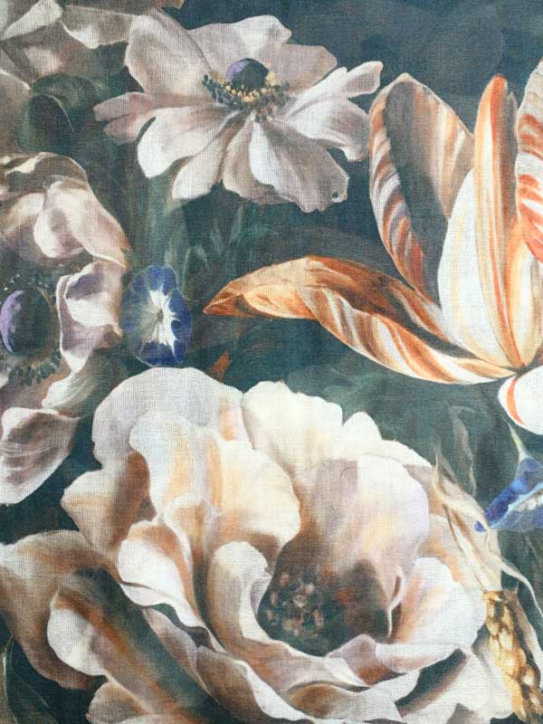 Ethereal Floral Art Wool Stole - Petrol Blue